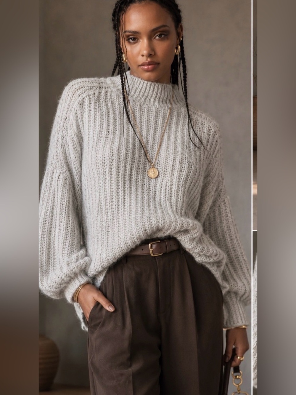 Anthropologie Pilcro Long Line Cable Tunic Sweater Ivory Small Wool/Linen Blend